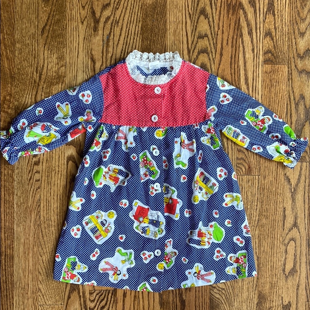 Blue with white polka dots, vintage Sears back to school dress, size 5.
